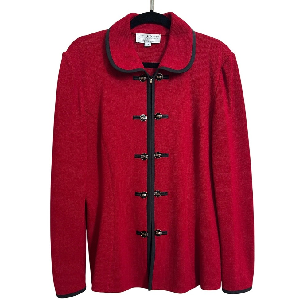 Vintage St. John Collection Red Santana Knit Zip Front Jacket Black Trim 12